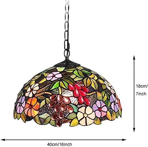 لوستر به سبک تیفانی 16 اینچی، آویز چراغ شیشه ای رنگی با طرح گل انگور، روشنایی معلق تزئینی اتاق نشیمن لوستر به سبک تیفانی 16 اینچی، آویز چراغ شیشه ای رنگی با طرح گل انگور، روشنایی معلق تزئینی اتاق نشیمن