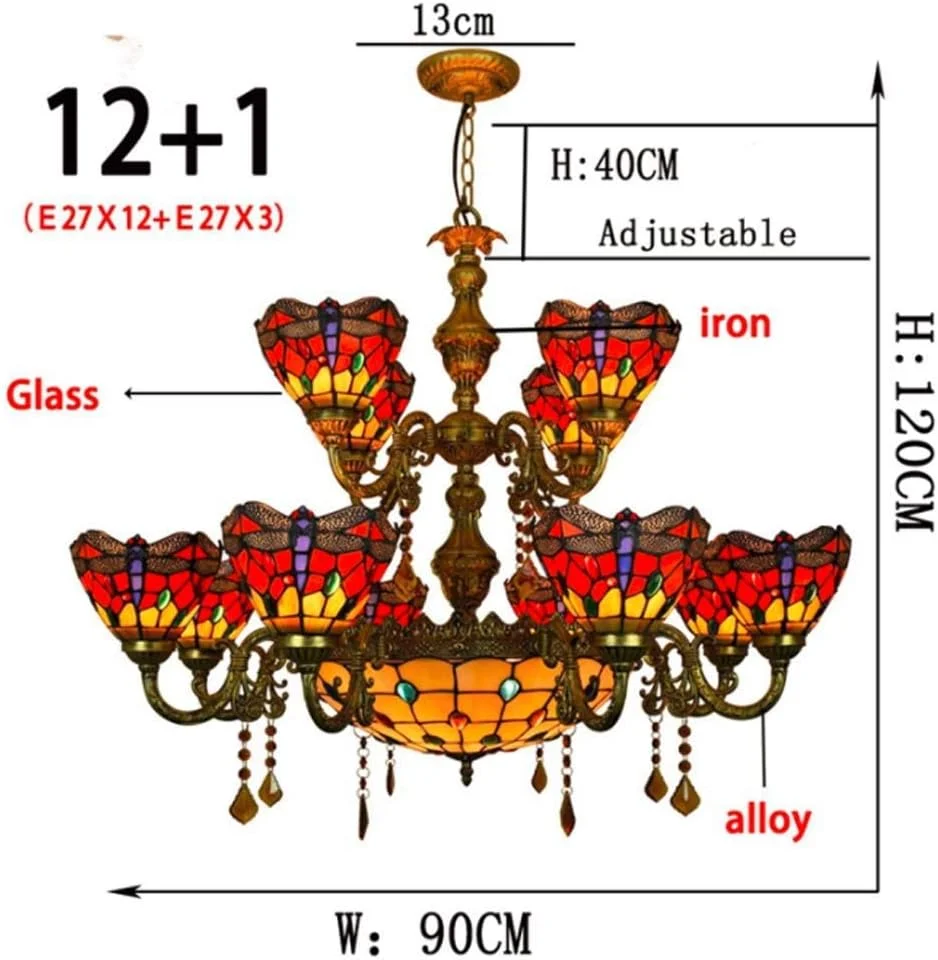لوستر به سبک تیفانی، چراغ آویز شیشه ای رنگی طرح سنجاقک قرمز، 12+3 شعله، چراغ آویز سقفی 35 اینچی با کاسه مرکزی برای اتاق نشیمن، اتاق خواب، هتل، E27، 40 وات لوستر به سبک تیفانی، چراغ آویز شیشه ای رنگی طرح سنجاقک قرمز، 12+3 شعله، چراغ آویز سقفی 35 اینچی با کاسه مرکزی برای اتاق نشیمن، اتاق خواب، هتل، E27، 40 وات