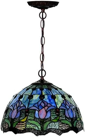 لوستر به سبک تیفانی، چراغ آویز آویز، عرض 12 اینچ، شیشه رنگی طرح دار، دکور نور عتیقه و قدیمی لوستر به سبک تیفانی، چراغ آویز آویز، عرض 12 اینچ، شیشه رنگی طرح دار، دکور نور عتیقه و قدیمی