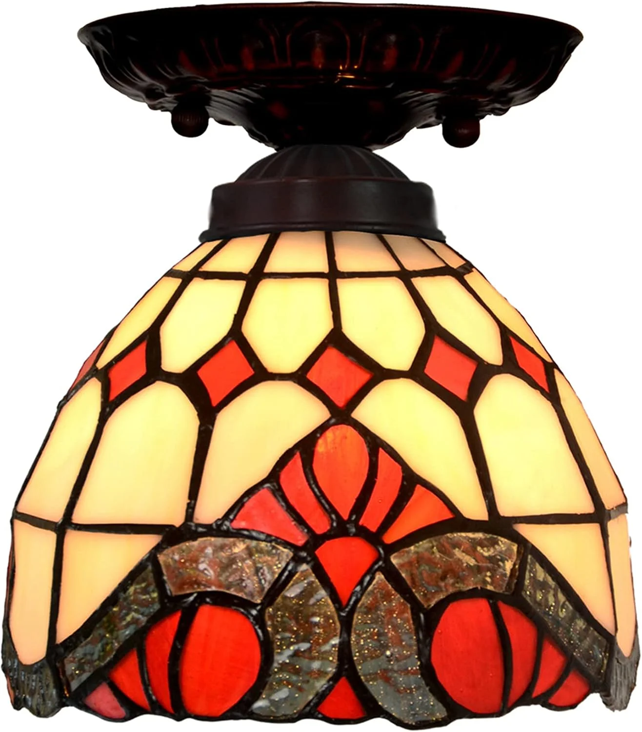 چراغ سقفی به سبک تیفانی 7 اینچی، چراغ ورودی با شیشه رنگی طرح‌دار و خلاقانه، چراغ سقفی نیمه فرورفته مناسب راهرو و بالکن، سرپیچ E27