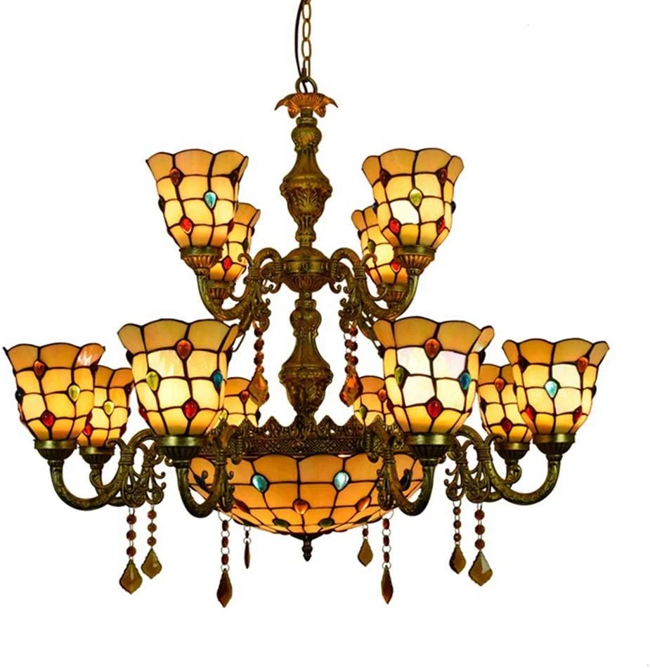 لوستر دیواری تیفانی، لوستر 12 شاخه بزرگ تیفانی، لوستر آویز کریستالی شیشه ای به سبک شکوه و مهره های رنگارنگ دم ققنوس برای لابی، اتاق نشیمن، رستوران و بار