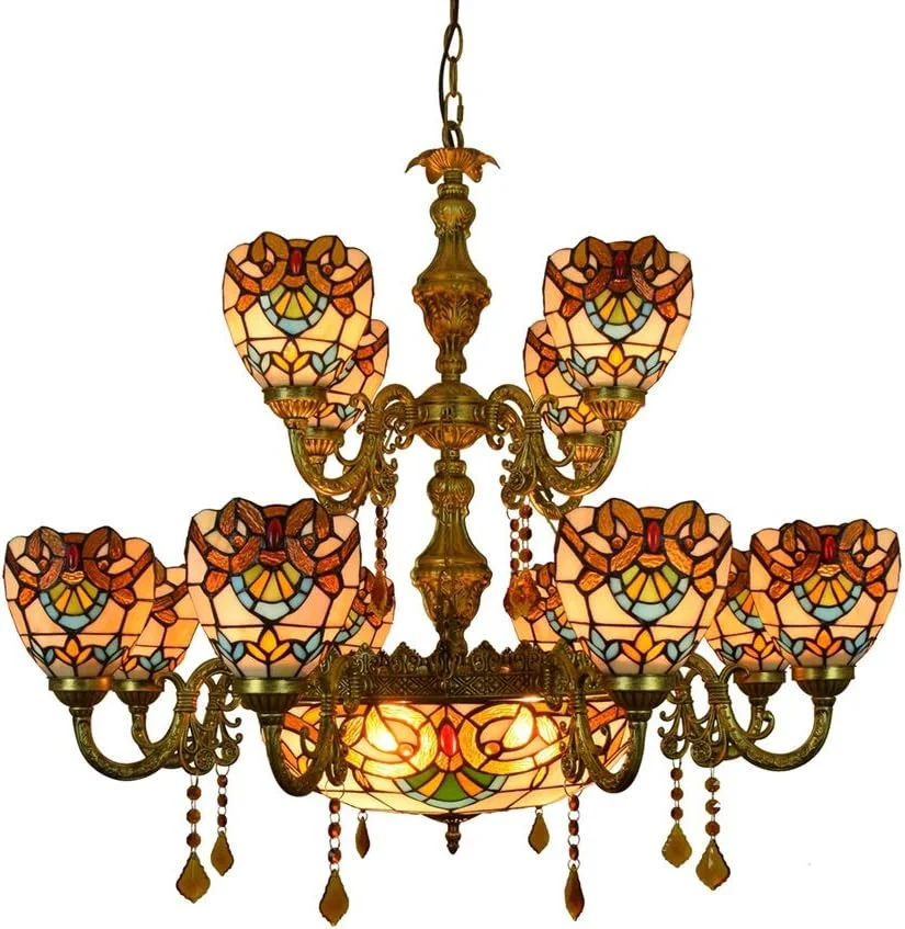 لوستر دیواری تیفانی با 12 شاخه، لوستر بزرگ تیفانی، لوستر آویز شیشه ای کریستالی به سبک باروک نارنجی رنگارنگ برای لابی، اتاق نشیمن، رستوران، و بار