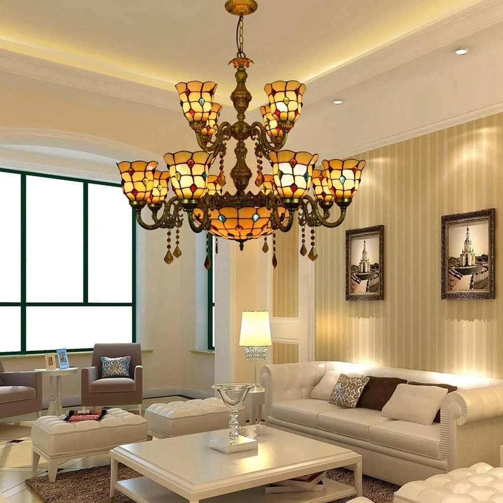 لوستر دیواری تیفانی، لوستر 12 شاخه بزرگ تیفانی، لوستر آویز کریستالی شیشه ای به سبک شکوه و مهره های رنگارنگ دم ققنوس برای لابی، اتاق نشیمن، رستوران و بار
