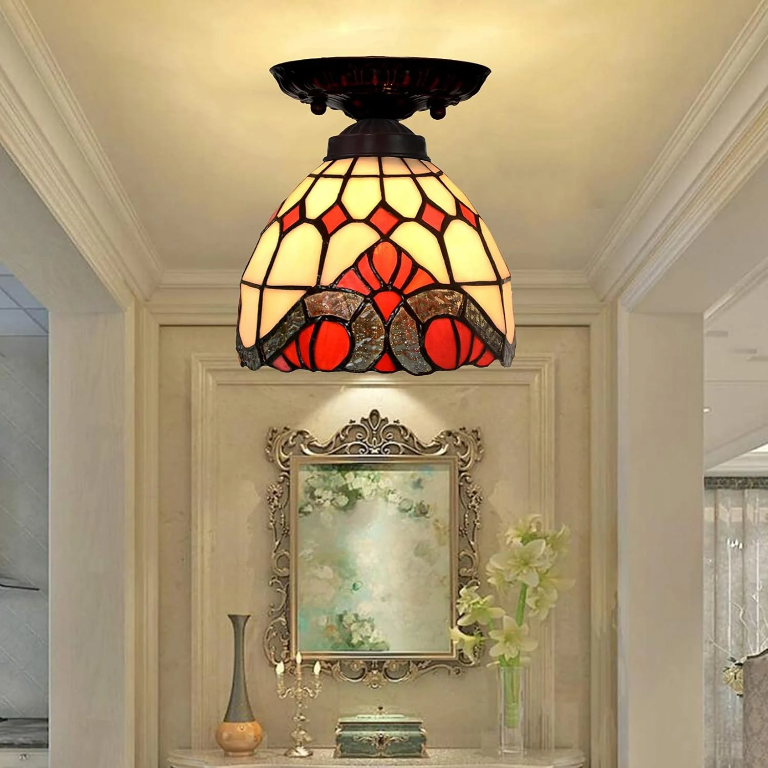 چراغ سقفی به سبک تیفانی 7 اینچی، چراغ ورودی با شیشه رنگی طرحدار و خلاقانه، چراغ سقفی نیمه فرورفته مناسب راهرو و بالکن، سرپیچ E27 چراغ سقفی به سبک تیفانی 7 اینچی، چراغ ورودی با شیشه رنگی طرحدار و خلاقانه، چراغ سقفی نیمه فرورفته مناسب راهرو و بالکن، سرپیچ E27