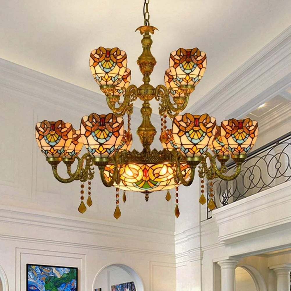 لوستر دیواری تیفانی با 12 شاخه، لوستر بزرگ تیفانی، لوستر آویز شیشه ای کریستالی به سبک باروک نارنجی رنگارنگ برای لابی، اتاق نشیمن، رستوران، و بار