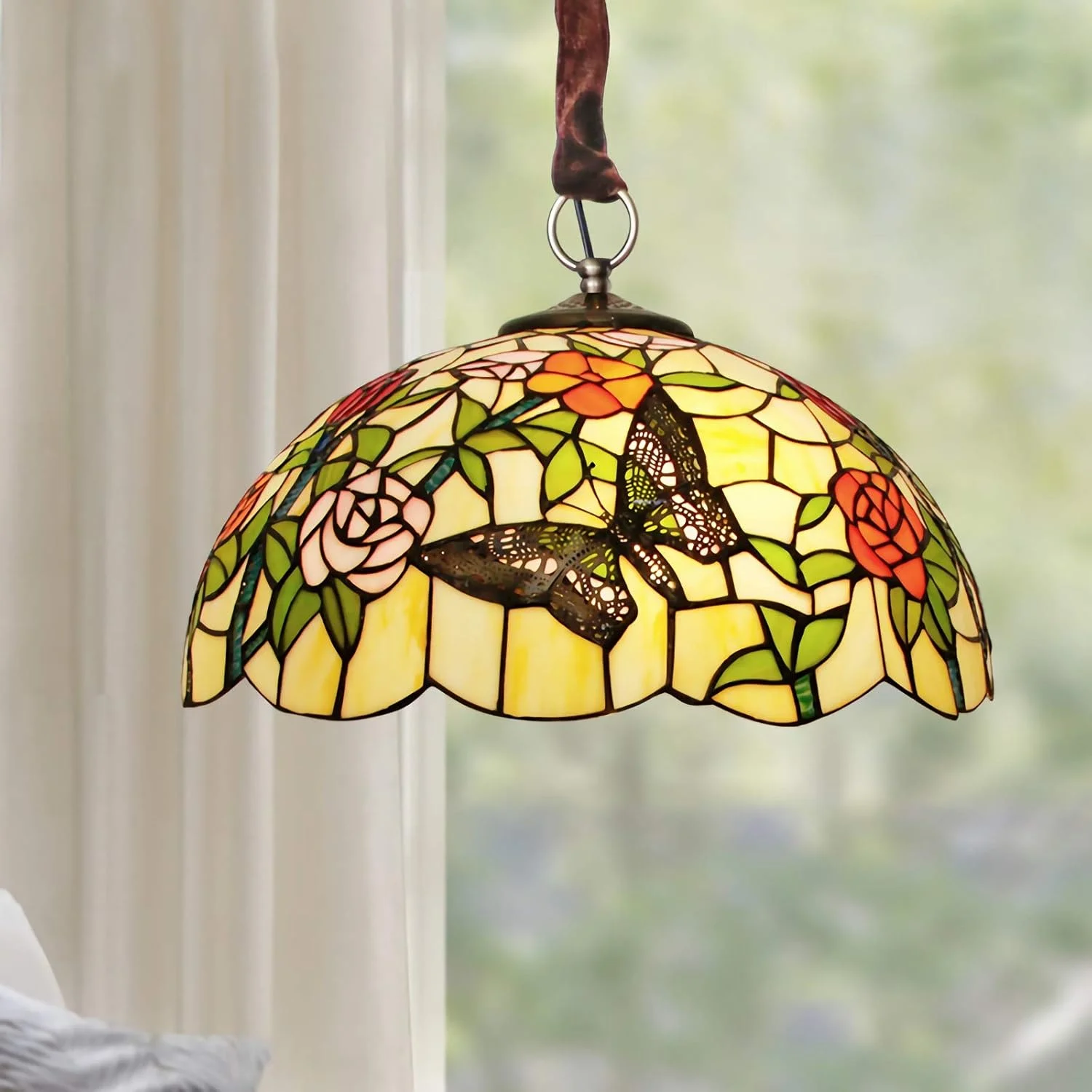 چراغ سقفی طرح تیفانی پروانه ای، شیشه رنگی، چراغ آویز آویز وینتیج برای اتاق خواب، اتاق نشیمن، راهرو ناهارخوری [کلاس انرژی A ++]، A، 50 سانتی متر