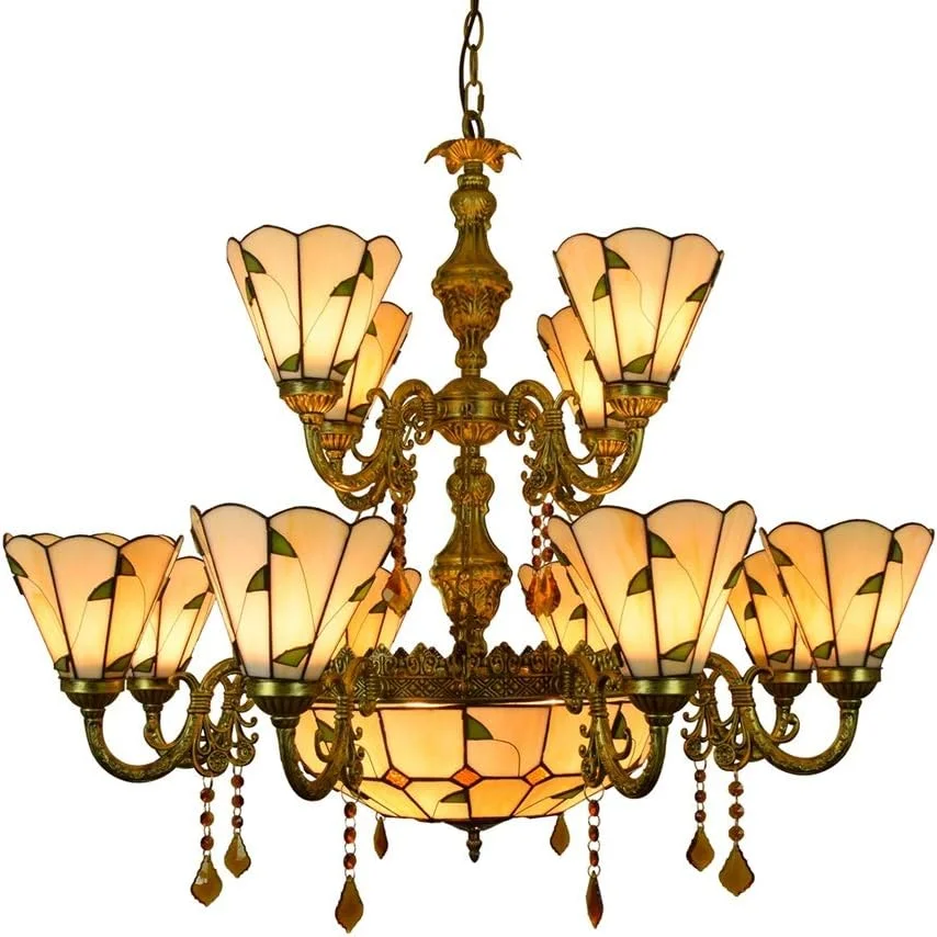 لوستر دیواری تیفانی، لوستر 12 شاخه بزرگ تیفانی با طراحی برگ های سبز گرم، آویز شیشه ای کریستالی مناسب لابی، اتاق نشیمن، رستوران و بار لوستر دیواری تیفانی، لوستر 12 شاخه بزرگ تیفانی با طراحی برگ های سبز گرم، آویز شیشه ای کریستالی مناسب لابی، اتاق نشیمن، رستوران و بار