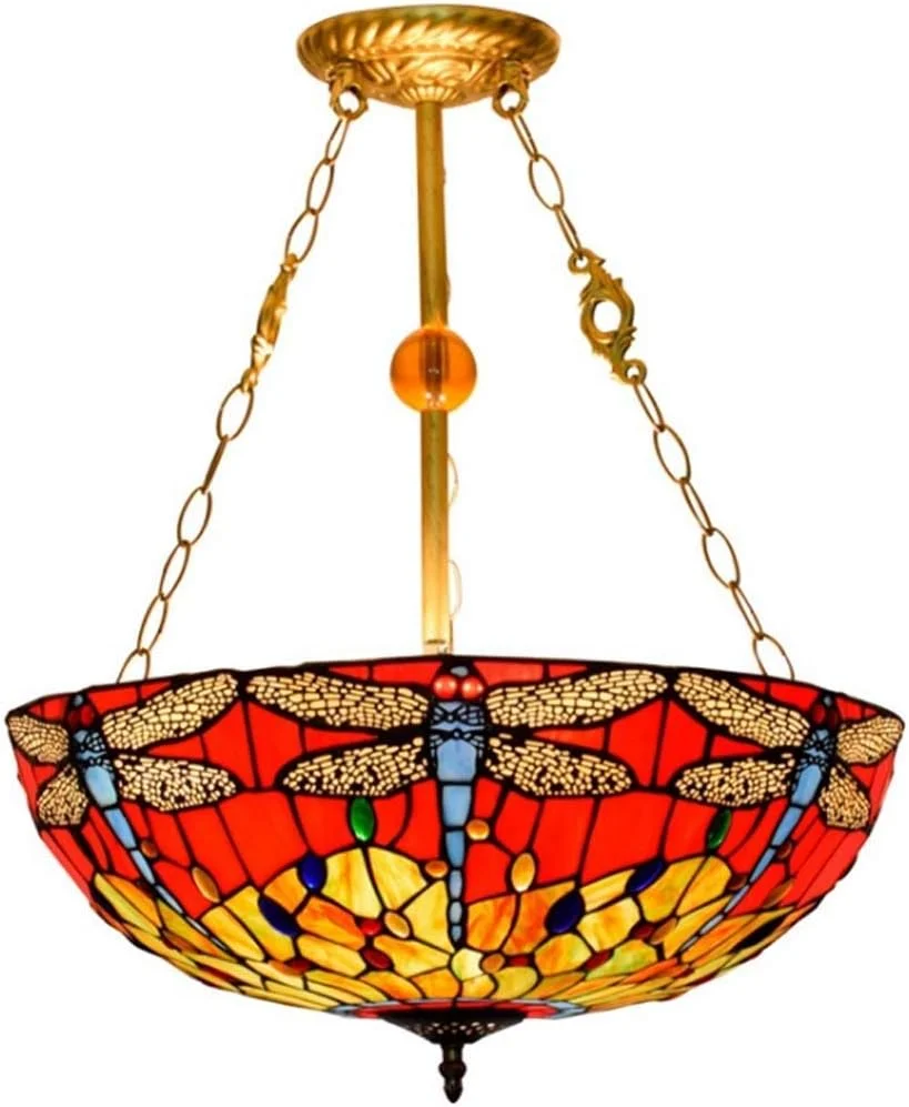 چراغ سقفی به سبک تیفانی با طرح سنجاقک 24 اینچی، چراغ های سقفی شیشه ای رنگی برای اتاق خواب، اتاق غذاخوری، اتاق مطالعه، چراغ آویز هنری، E27، 40W×5