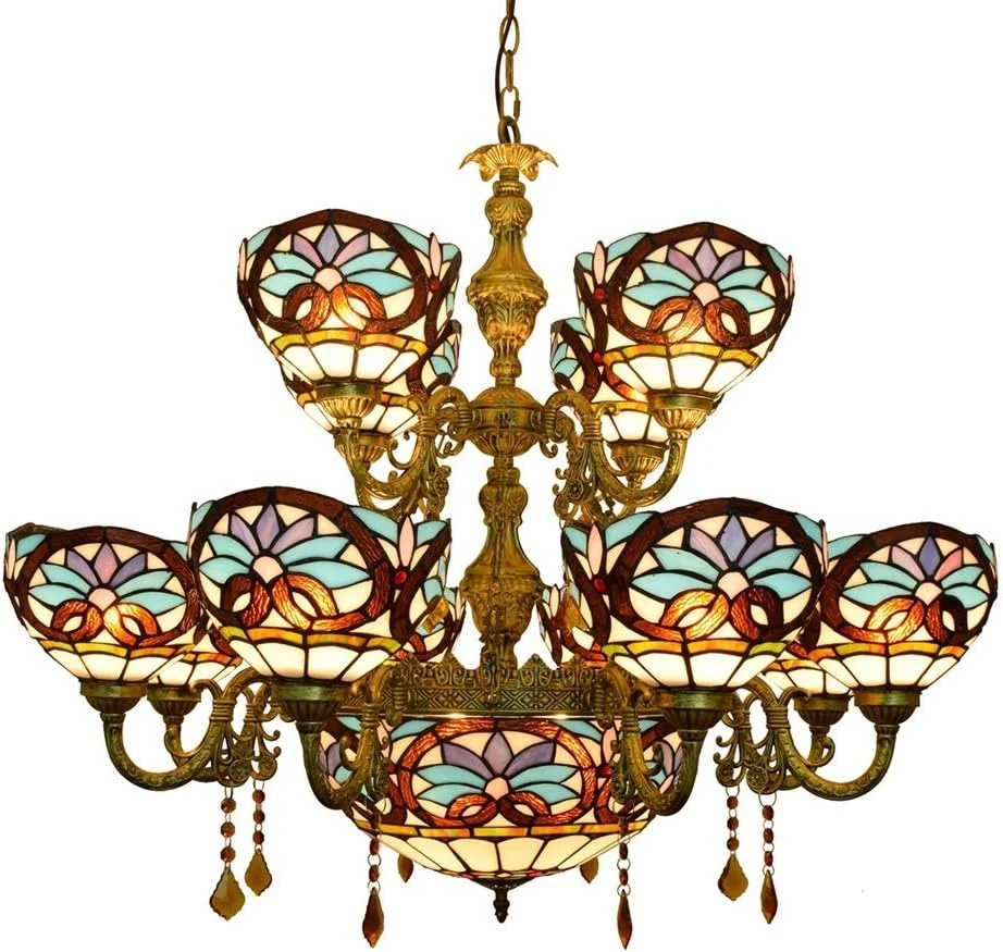 لوستر براکتی تیفانی 12 شاخه، لوستر بزرگ تیفانی، لوستر آویز شیشه ای به سبک باروک آبی با کریستال مناسب لابی، اتاق نشیمن، رستوران و بار