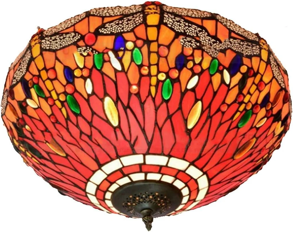 چراغ سقفی تیفانی با طرح سنجاقک و شیشه رنگی، مناسب برای اتاق خواب
