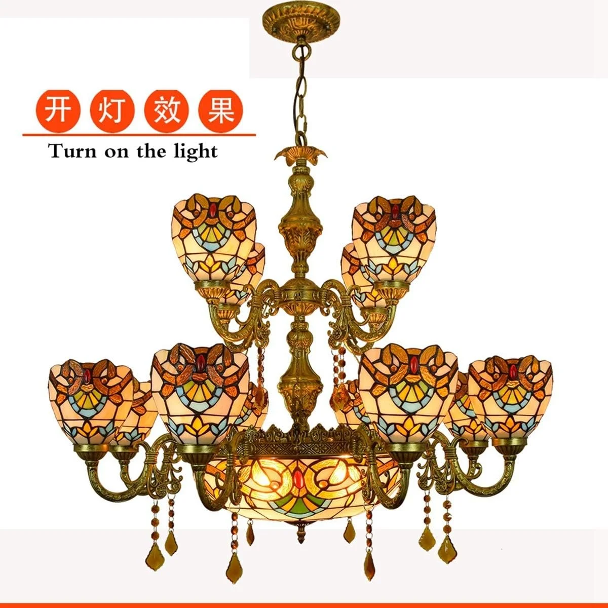 لوستر دیواری تیفانی با 12 شاخه، لوستر بزرگ تیفانی، لوستر آویز شیشه ای کریستالی به سبک باروک نارنجی رنگارنگ برای لابی، اتاق نشیمن، رستوران، و بار