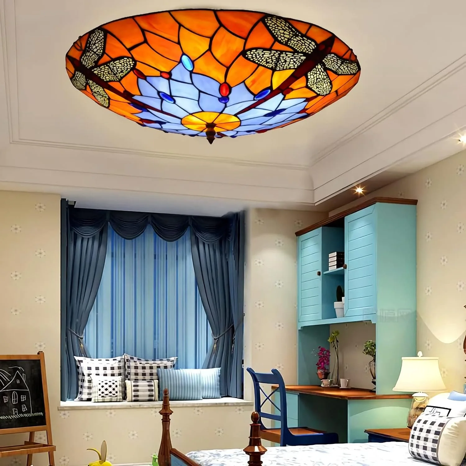 چراغ سقفی به سبک تیفانی، نصب سطحی، 30/40/50 سانتی متر، چراغ های شیشه ای رنگی دست ساز قدیمی برای دکور اتاق نشیمن، اتاق خواب، سالن غذاخوری، راهرو، لافت، DX05، 30x9cm