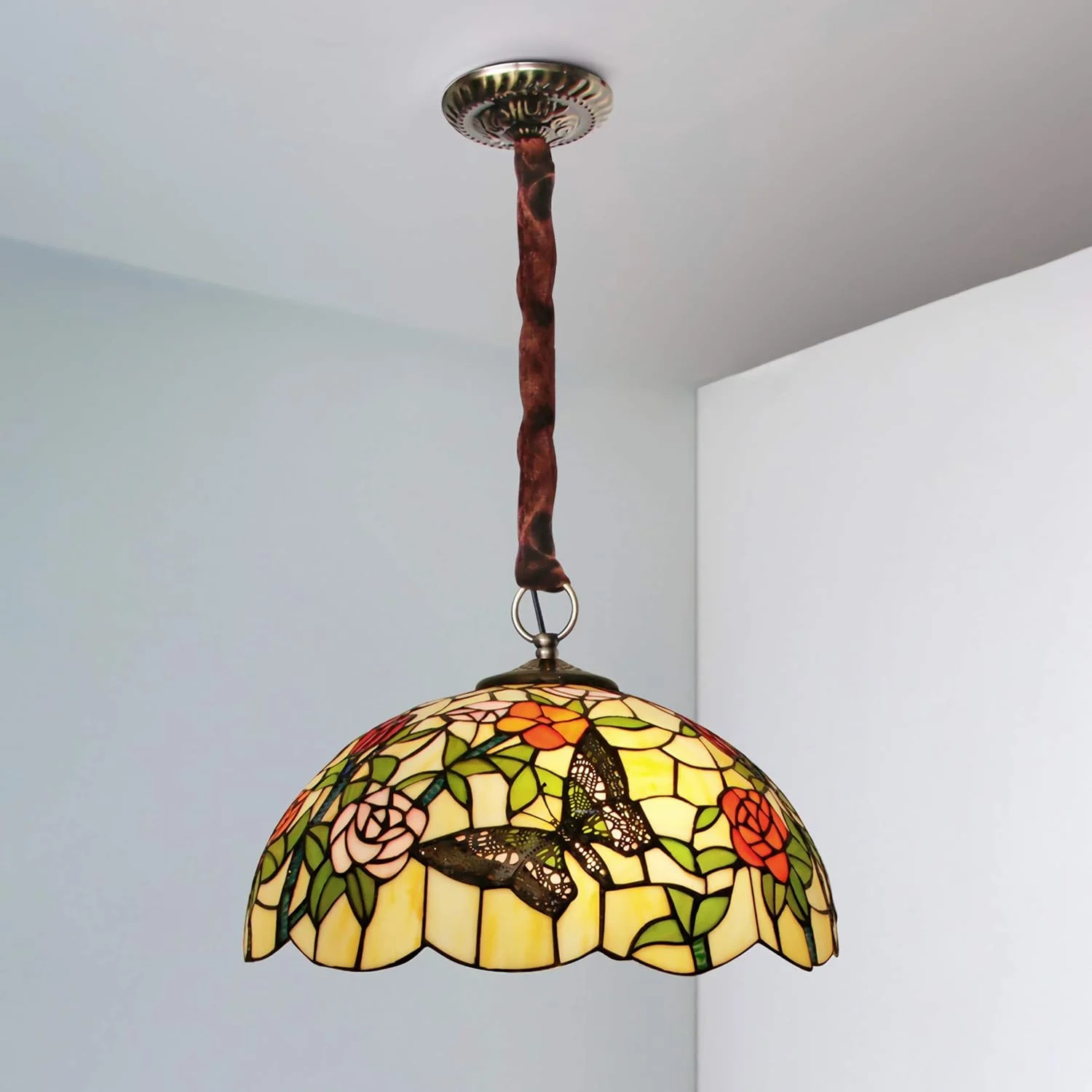 چراغ سقفی طرح تیفانی پروانه ای، شیشه رنگی، چراغ آویز آویز وینتیج برای اتاق خواب، اتاق نشیمن، راهرو ناهارخوری [کلاس انرژی A ++]، A، 50 سانتی متر