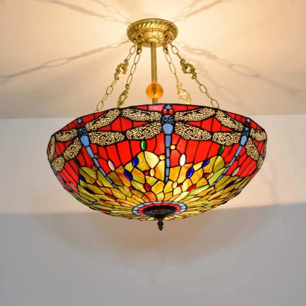 چراغ سقفی به سبک تیفانی با طرح سنجاقک 24 اینچی، چراغ های سقفی شیشه ای رنگی برای اتاق خواب، اتاق غذاخوری، اتاق مطالعه، چراغ آویز هنری، E27، 40W×5
