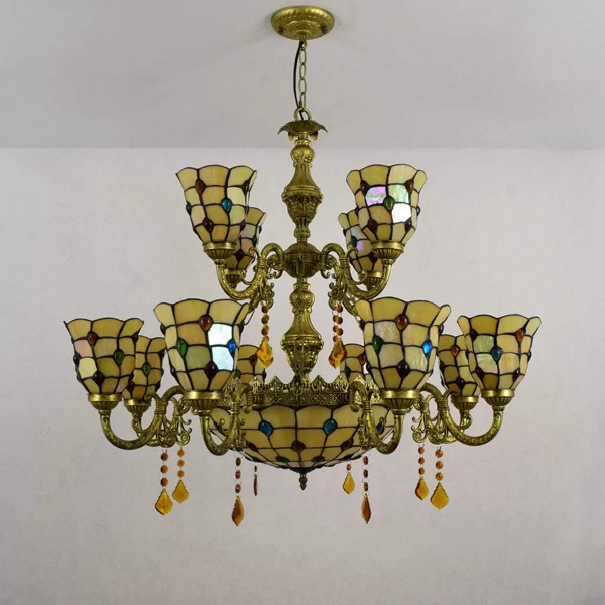 لوستر دیواری تیفانی، لوستر 12 شاخه بزرگ تیفانی، لوستر آویز کریستالی شیشه ای به سبک شکوه و مهره های رنگارنگ دم ققنوس برای لابی، اتاق نشیمن، رستوران و بار