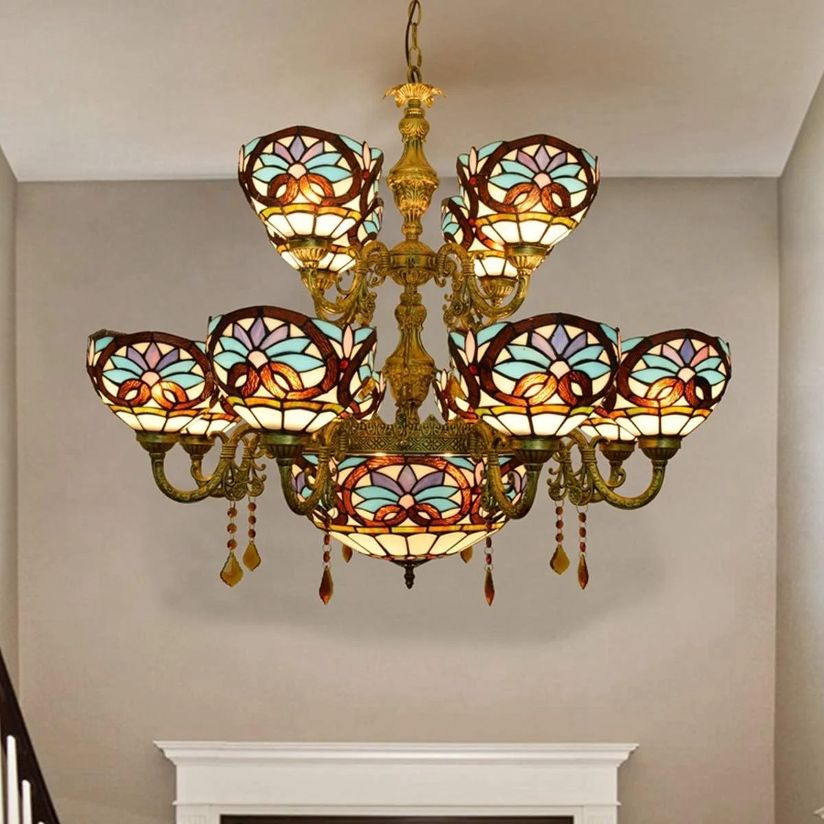 لوستر براکتی تیفانی 12 شاخه، لوستر بزرگ تیفانی، لوستر آویز شیشه ای به سبک باروک آبی با کریستال مناسب لابی، اتاق نشیمن، رستوران و بار لوستر براکتی تیفانی 12 شاخه، لوستر بزرگ تیفانی، لوستر آویز شیشه ای به سبک باروک آبی با کریستال مناسب لابی، اتاق نشیمن، رستوران و بار