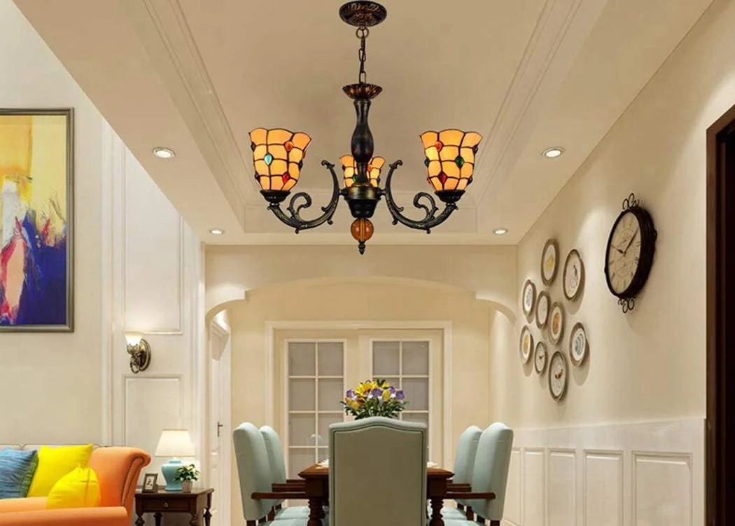 لوستر به سبک باروک تیفانی، آباژور شیشه ای رنگی، چراغ آویز 3 شاخه مناسب برای اتاق نشیمن، اتاق خواب، هتل، 3 شاخه لوستر به سبک باروک تیفانی، آباژور شیشه ای رنگی، چراغ آویز 3 شاخه مناسب برای اتاق نشیمن، اتاق خواب، هتل، 3 شاخه