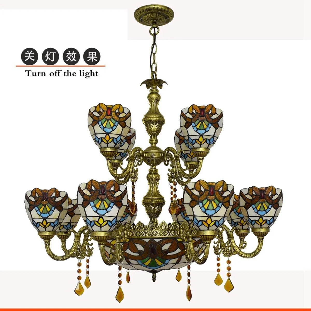 لوستر دیواری تیفانی با 12 شاخه، لوستر بزرگ تیفانی، لوستر آویز شیشه ای کریستالی به سبک باروک نارنجی رنگارنگ برای لابی، اتاق نشیمن، رستوران، و بار