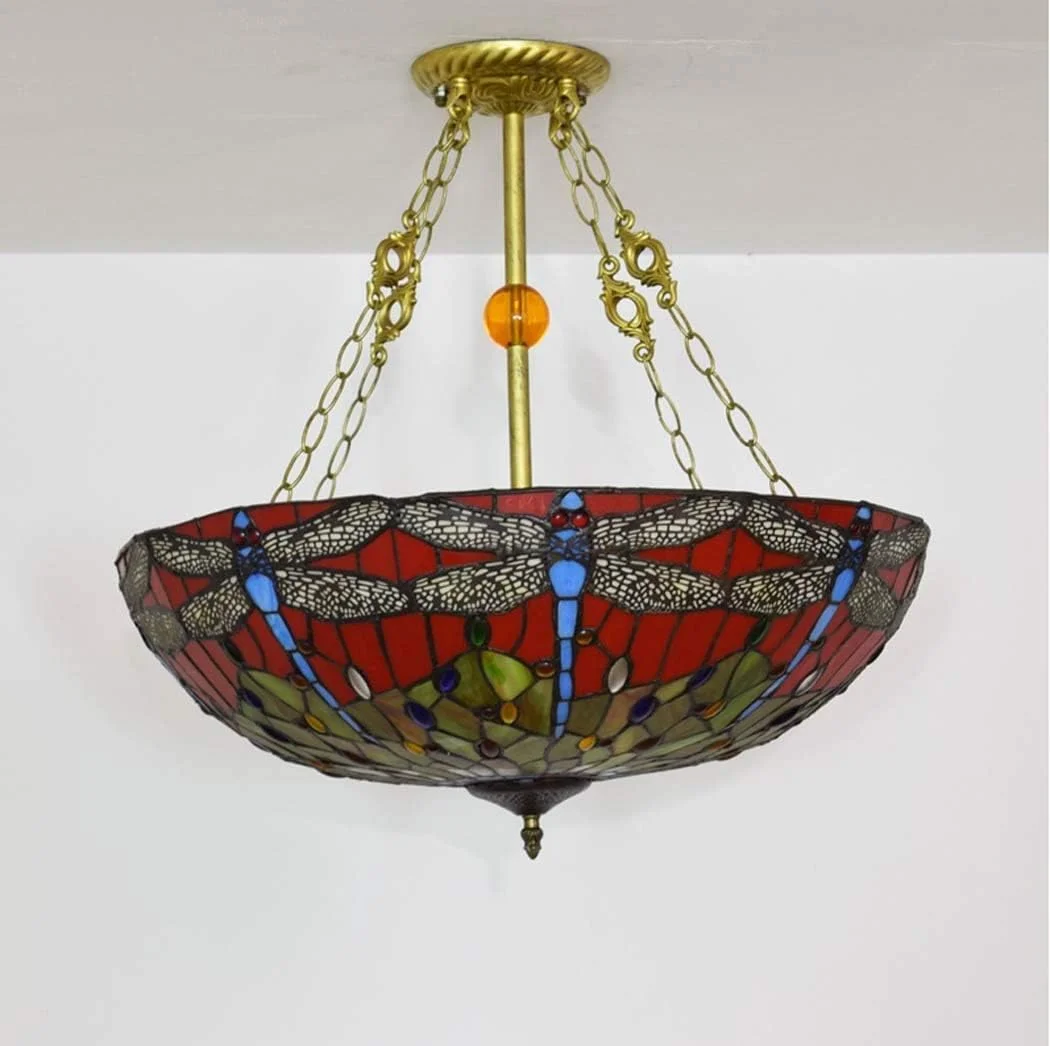 چراغ سقفی به سبک تیفانی با طرح سنجاقک 24 اینچی، چراغ های سقفی شیشه ای رنگی برای اتاق خواب، اتاق غذاخوری، اتاق مطالعه، چراغ آویز هنری، E27، 40W×5