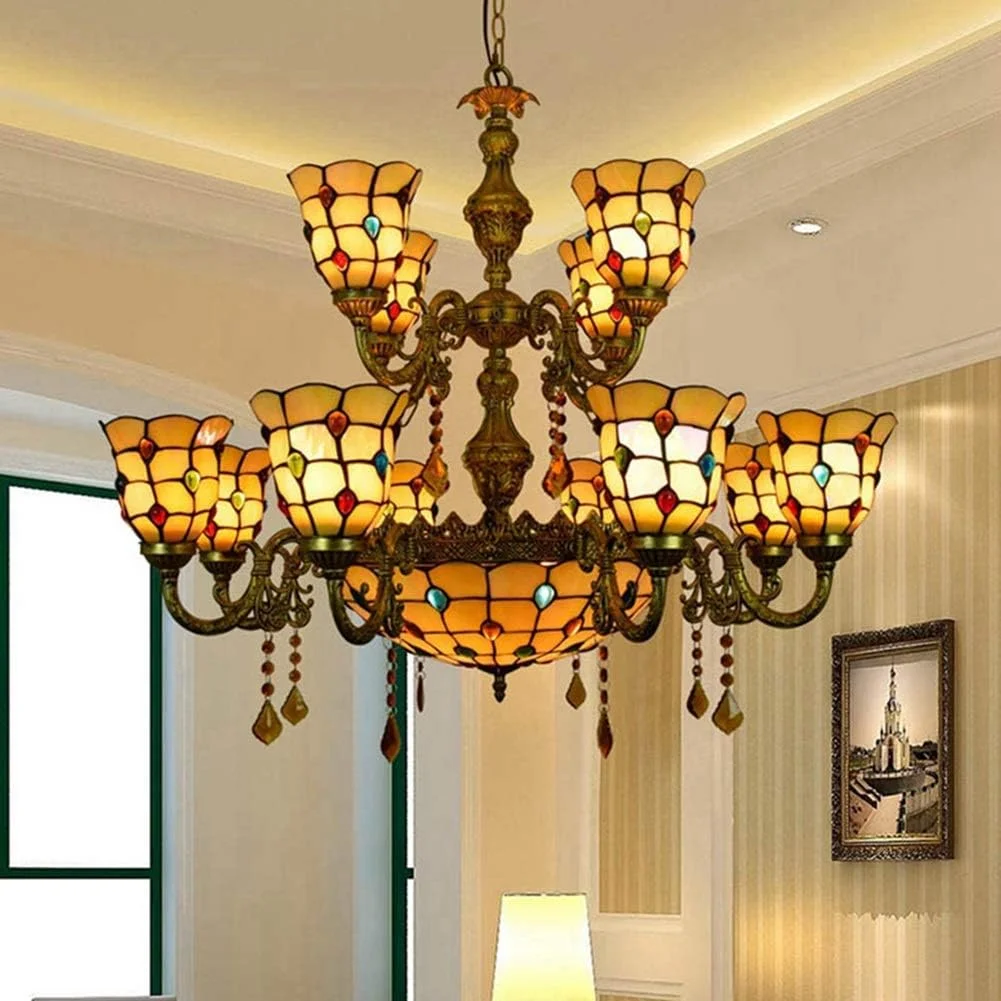 لوستر دیواری تیفانی، لوستر 12 شاخه بزرگ تیفانی، لوستر آویز کریستالی شیشه ای به سبک شکوه و مهره های رنگارنگ دم ققنوس برای لابی، اتاق نشیمن، رستوران و بار
