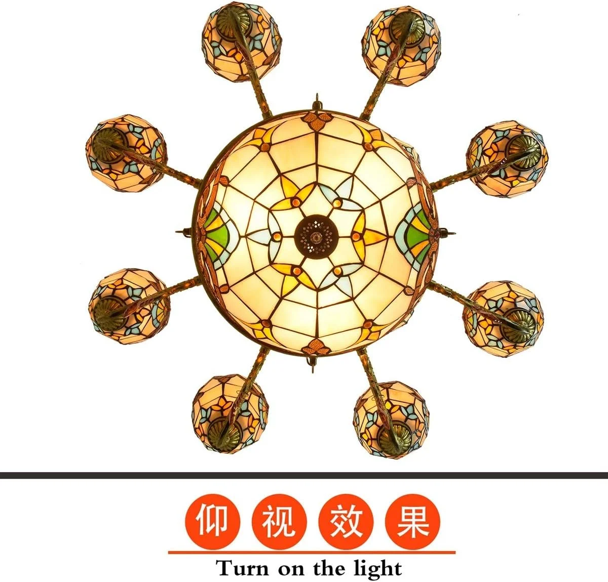 لوستر دیواری تیفانی با 12 شاخه، لوستر بزرگ تیفانی، لوستر آویز شیشه ای کریستالی به سبک باروک نارنجی رنگارنگ برای لابی، اتاق نشیمن، رستوران، و بار