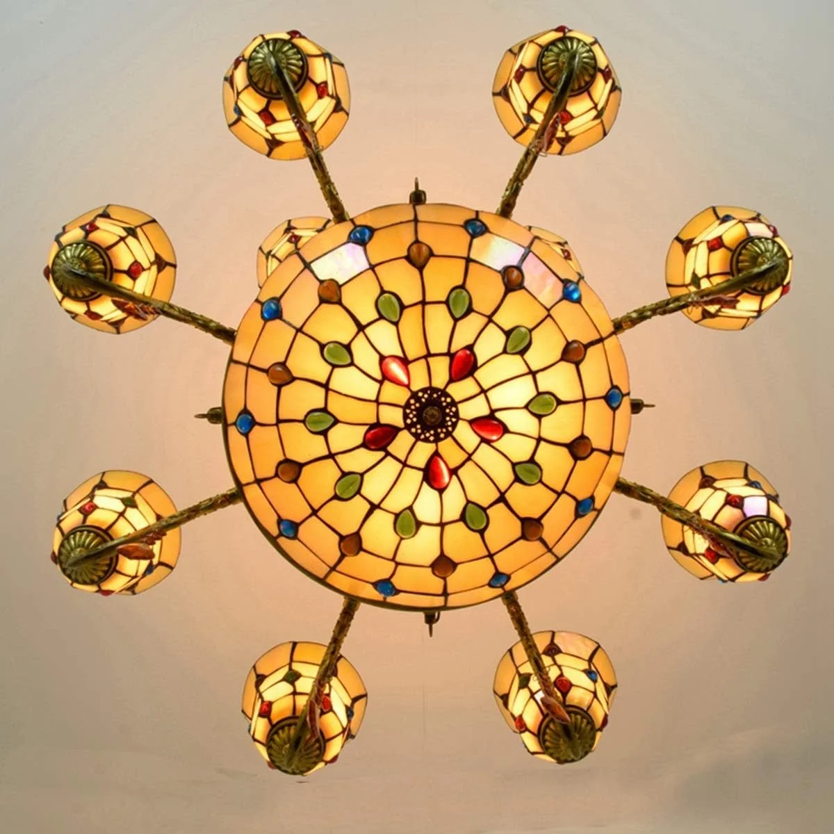 لوستر دیواری تیفانی، لوستر 12 شاخه بزرگ تیفانی، لوستر آویز کریستالی شیشه ای به سبک شکوه و مهره های رنگارنگ دم ققنوس برای لابی، اتاق نشیمن، رستوران و بار