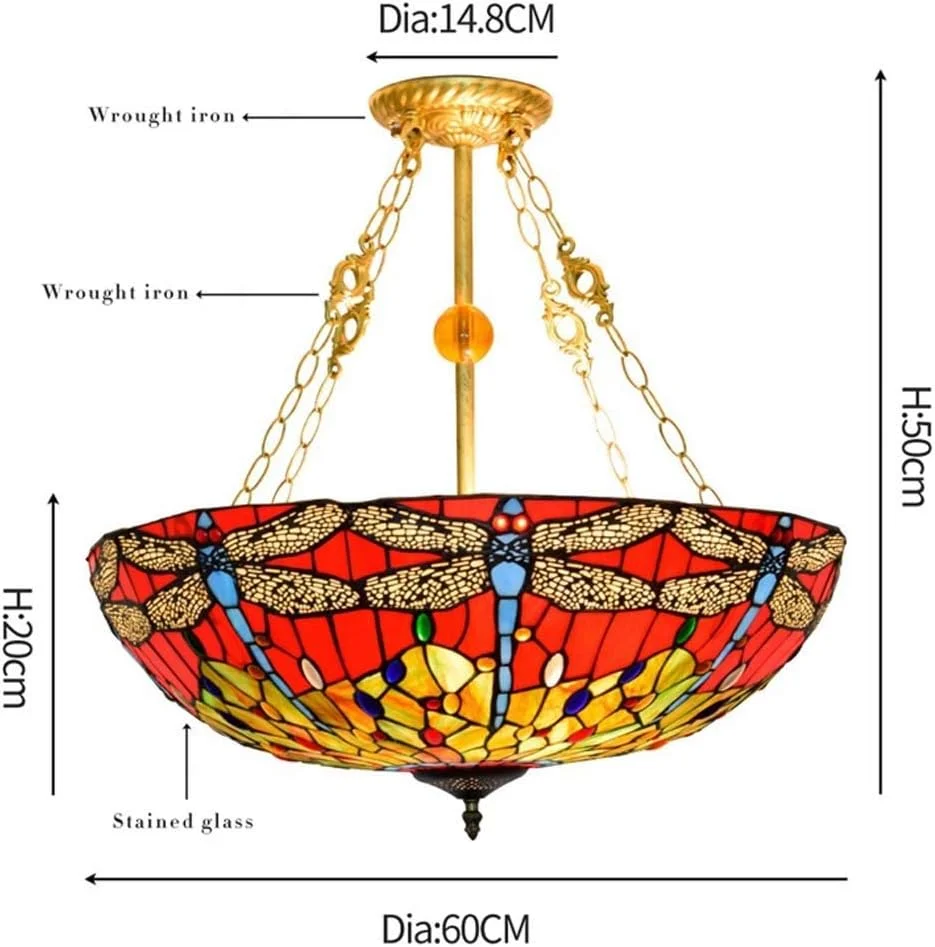 چراغ سقفی به سبک تیفانی با طرح سنجاقک 24 اینچی، چراغ های سقفی شیشه ای رنگی برای اتاق خواب، اتاق غذاخوری، اتاق مطالعه، چراغ آویز هنری، E27، 40W×5