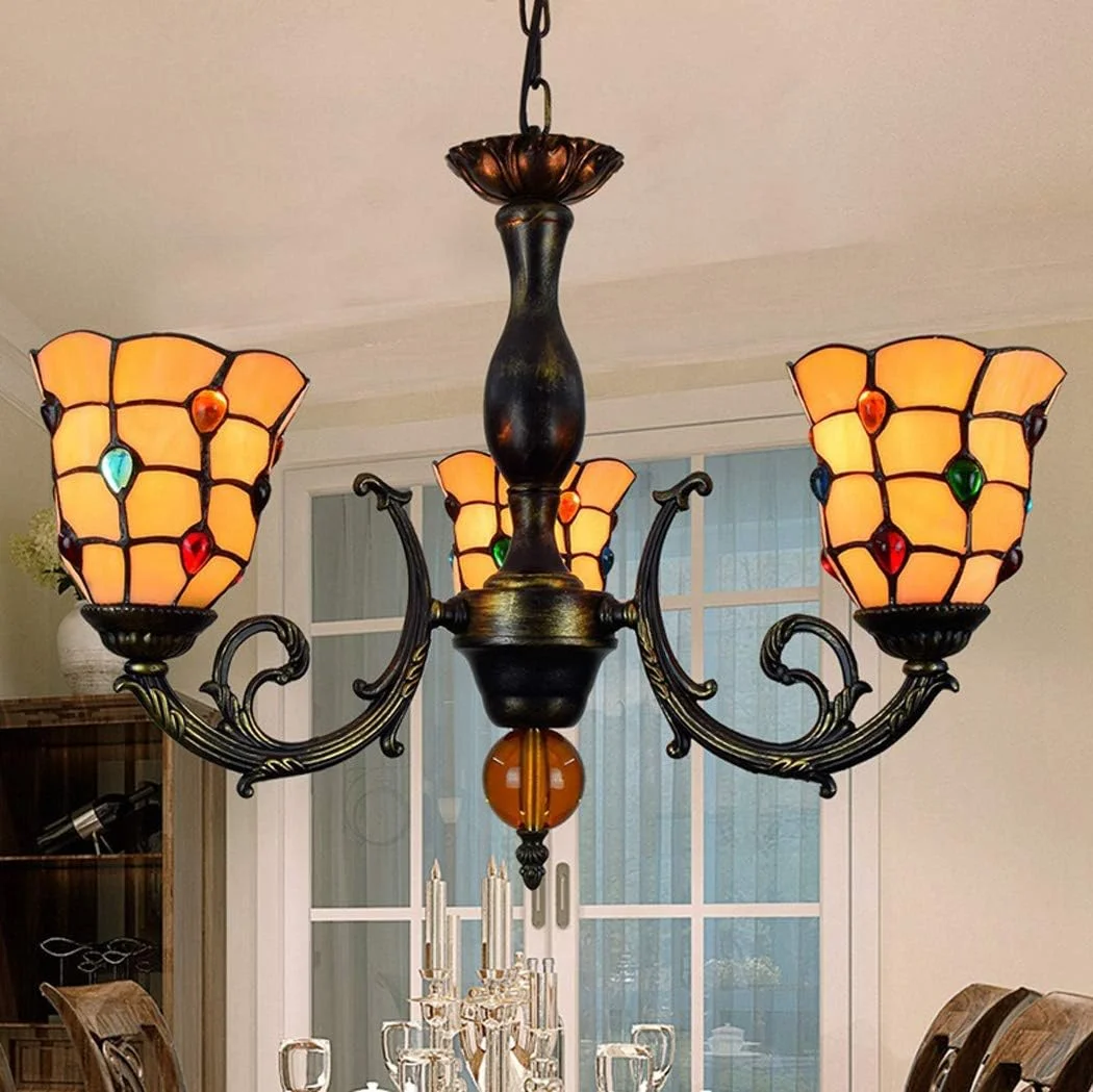 لوستر به سبک باروک تیفانی، آباژور شیشه ای رنگی، چراغ آویز 3 شاخه مناسب برای اتاق نشیمن، اتاق خواب، هتل، 3 شاخه لوستر به سبک باروک تیفانی، آباژور شیشه ای رنگی، چراغ آویز 3 شاخه مناسب برای اتاق نشیمن، اتاق خواب، هتل، 3 شاخه