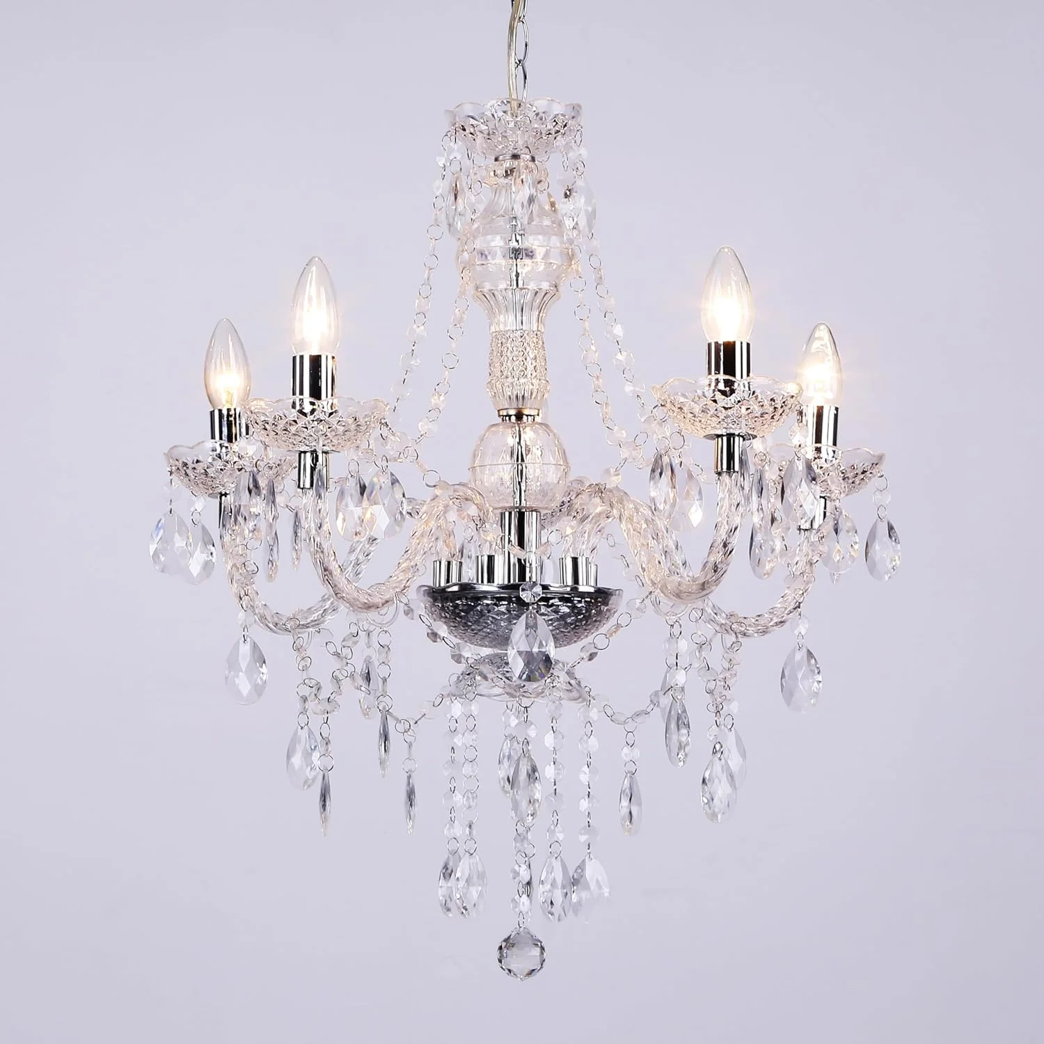 لوستر 5 شاخه Tafunker، چراغ آویز 5 تایی، کروم، شفاف. چراغ سقفی اتاق خواب و نشیمن آکریلیک … (کروم) (شفاف)