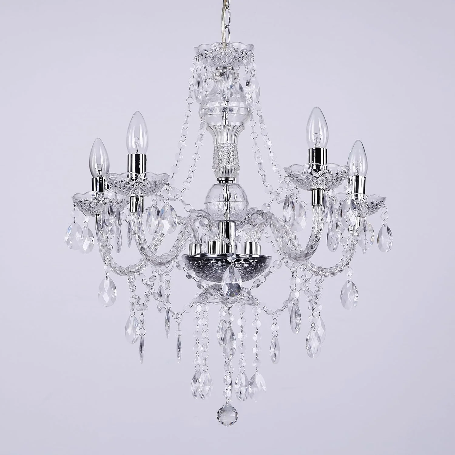 لوستر 5 شاخه Tafunker، چراغ آویز 5 تایی، کروم، شفاف. چراغ سقفی اتاق خواب و نشیمن آکریلیک … (کروم) (شفاف)