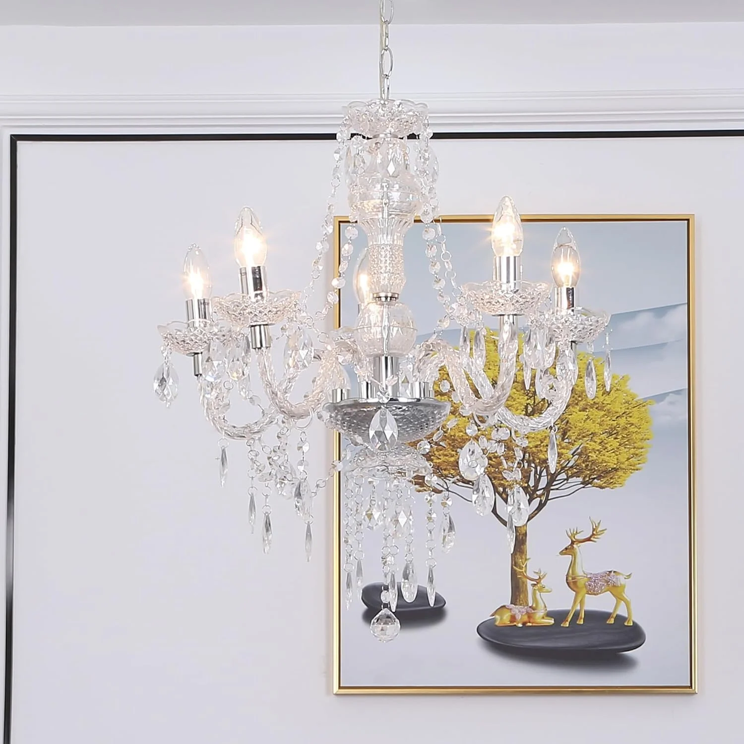 لوستر 5 شاخه Tafunker، چراغ آویز 5 تایی، کروم، شفاف. چراغ سقفی اتاق خواب و نشیمن آکریلیک … (کروم) (شفاف)