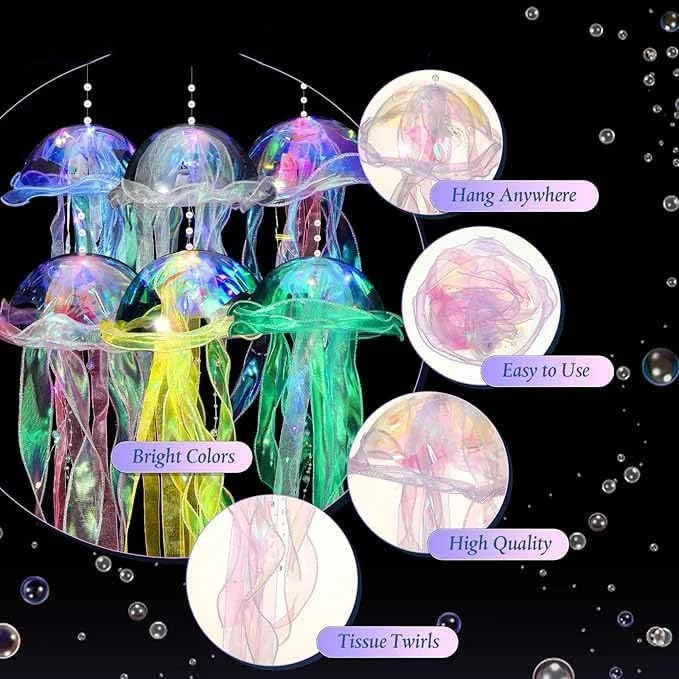 چراغ های ژله ای چتر دریایی Tazweeq، 6 عددی، لوستر دریایی رنگارنگ، دکوراسیون سقف، دکوراسیون جشن عروسی، هدیه تولد