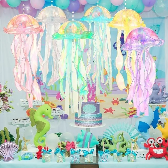 چراغ های ژله ای چتر دریایی Tazweeq، 6 عددی، لوستر دریایی رنگارنگ، دکوراسیون سقف، دکوراسیون جشن عروسی، هدیه تولد