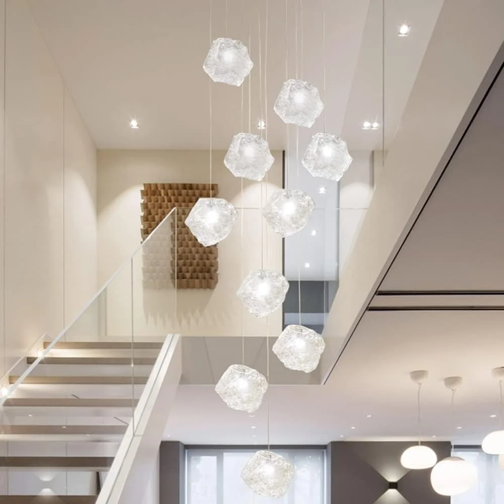 لوستر راه پله کریستالی حبابی، لوستر آویز سقفی بلند طرح قطره باران شفاف