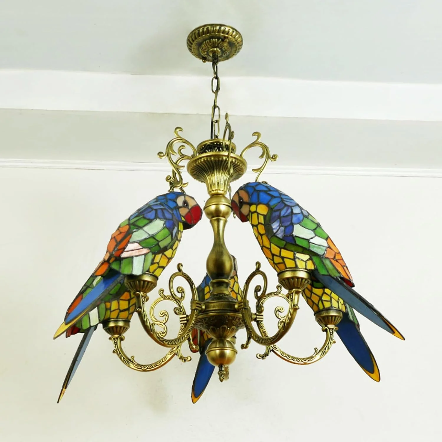 لوستر 5-طوطی به سبک تیفانی، چراغ های آویز شیشه ای رنگی دست ساز، هنر اروپایی، چراغ آویز سقفی 5 شاخه مناسب برای اتاق نشیمن، اتاق خواب، جزیره آشپزخانه، کافه، بار