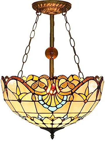 لوستر آویز 40 سانتی متری به سبک تیفانی، آباژور شیشه ای رنگی باروک، چراغ آویز سقفی معکوس برای اتاق نشیمن و ناهارخوری، E27*3