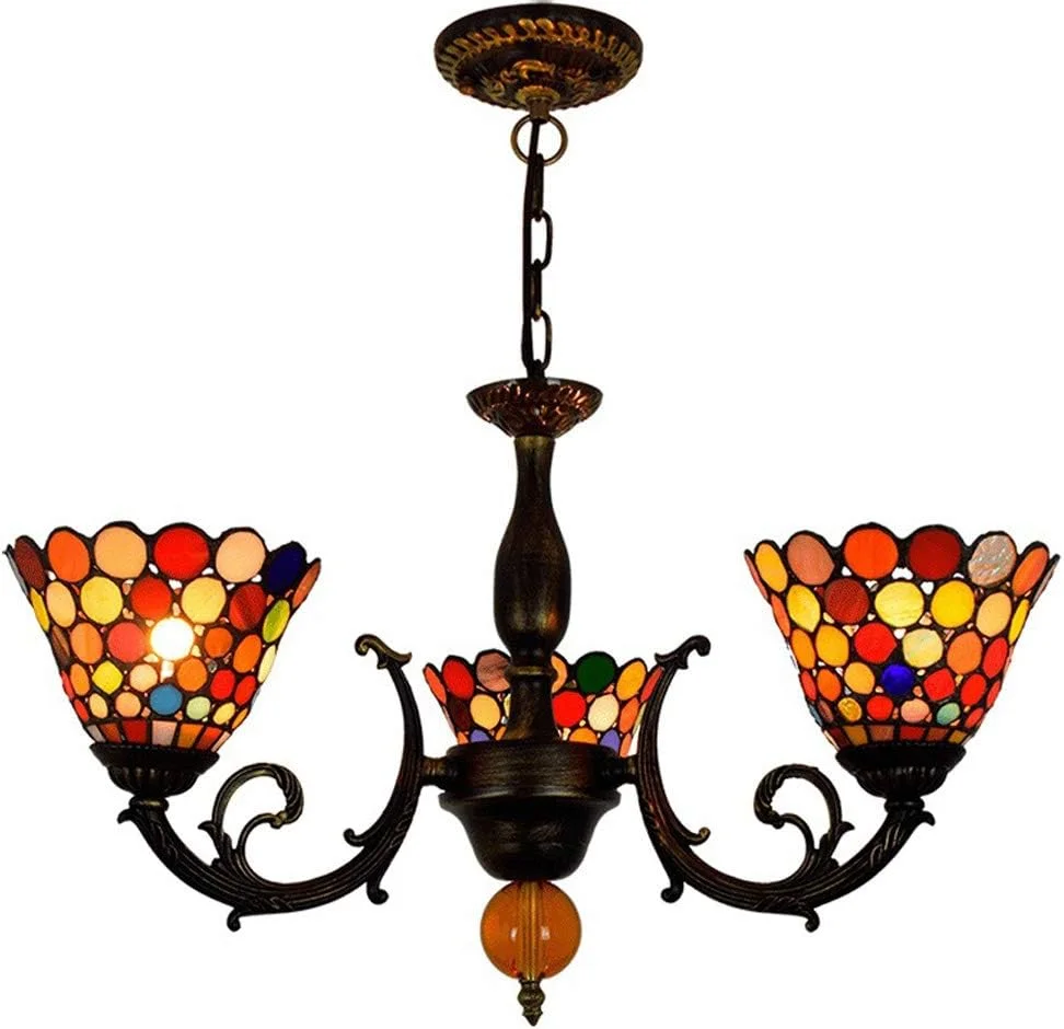 لوستر باروک تیفانی، آویز گرد شیشه ای رنگی تزئینی 3 شاخه، چراغ سقفی اتاق نشیمن/غذاخوری، بالکن، راهرو، چراغ آویز بالکن، 3 چراغ