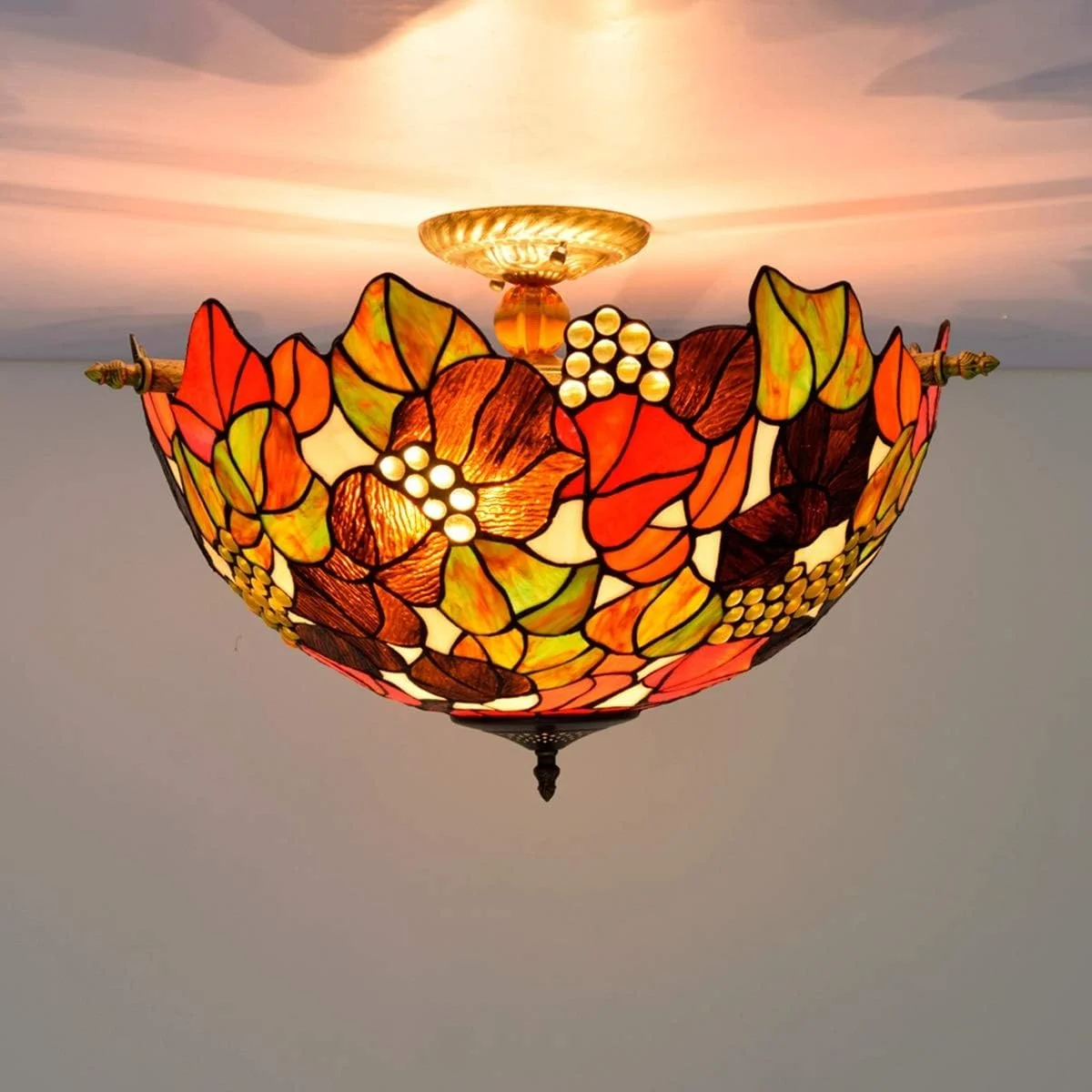 چراغ سقفی شیشه رنگی 55 سانتی متری تیفانی رترو دست ساز انگوری، مناسب اتاق نشیمن، ناهارخوری، بار، اتاق خواب، چراغ نیمه سقفی هنری