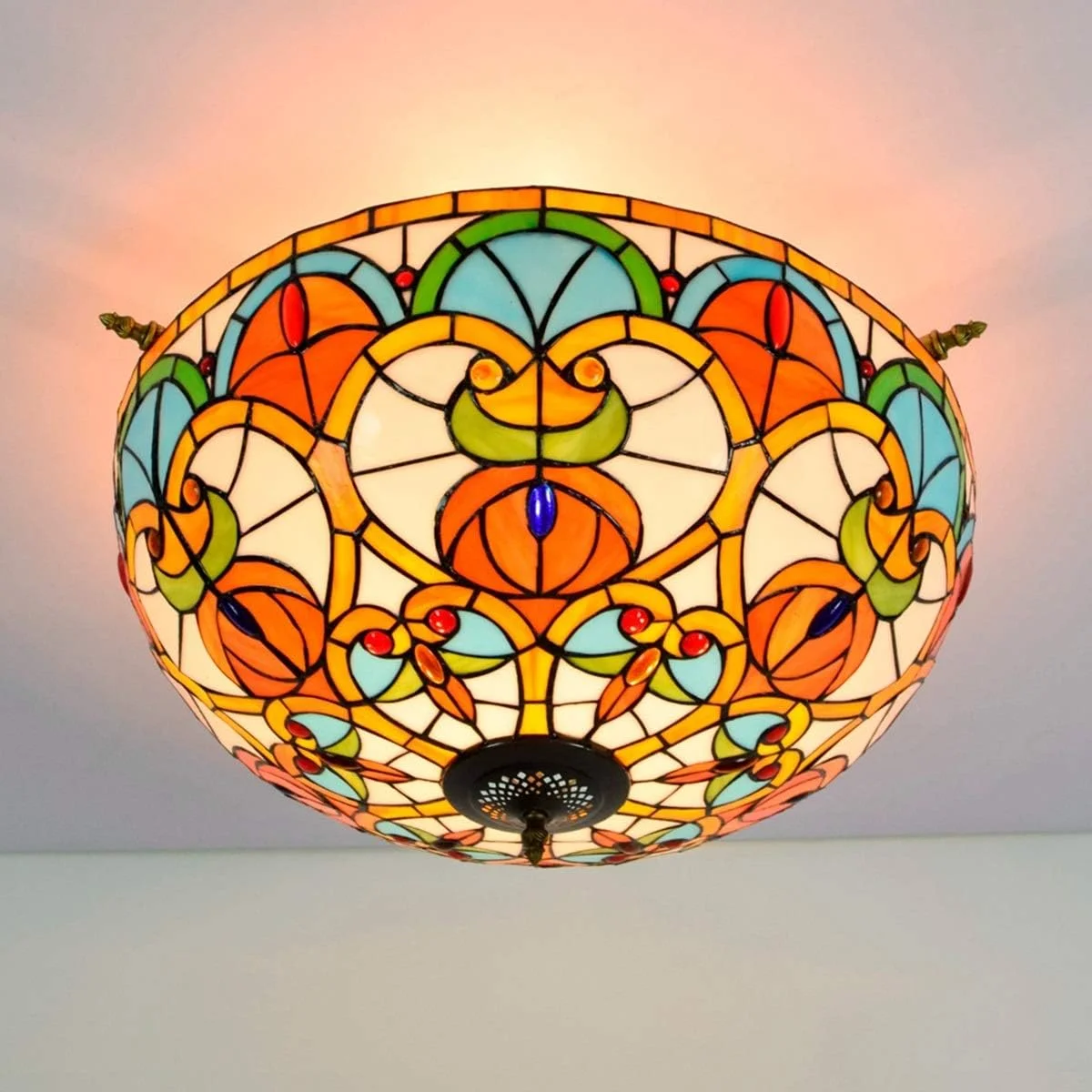 چراغ سقفی شیشه رنگی 65 سانتی متر، چراغ نیمه سقفی هنری اتاق نشیمن، رستوران، بار، اتاق خواب، طرح تیفانی خلاقانه با مهره های قلبی