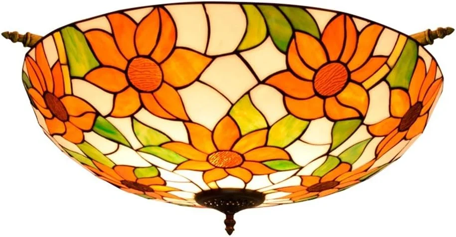 چراغ سقفی شیشه رنگی طرح گل آفتابگردان، 65 سانتی متر، سبک تیفانی، مناسب اتاق نشیمن، رستوران، بار، اتاق خواب، اثر هنری نیمه سقفی