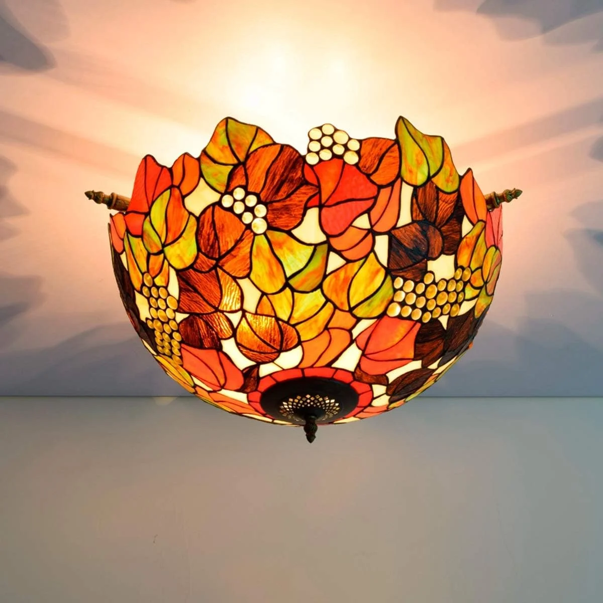 چراغ سقفی شیشه رنگی 55 سانتی متری تیفانی رترو دست ساز انگوری، مناسب اتاق نشیمن، ناهارخوری، بار، اتاق خواب، چراغ نیمه سقفی هنری