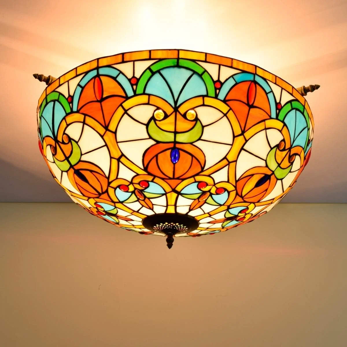 چراغ سقفی شیشه رنگی 65 سانتی متر، چراغ نیمه سقفی هنری اتاق نشیمن، رستوران، بار، اتاق خواب، طرح تیفانی خلاقانه با مهره های قلبی