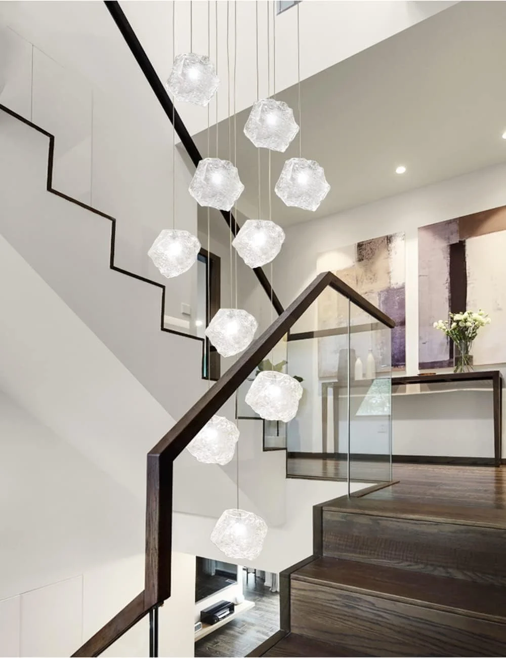 لوستر راه پله کریستالی حبابی، لوستر آویز سقفی بلند طرح قطره باران شفاف لوستر راه پله کریستالی حبابی، لوستر آویز سقفی بلند طرح قطره باران شفاف