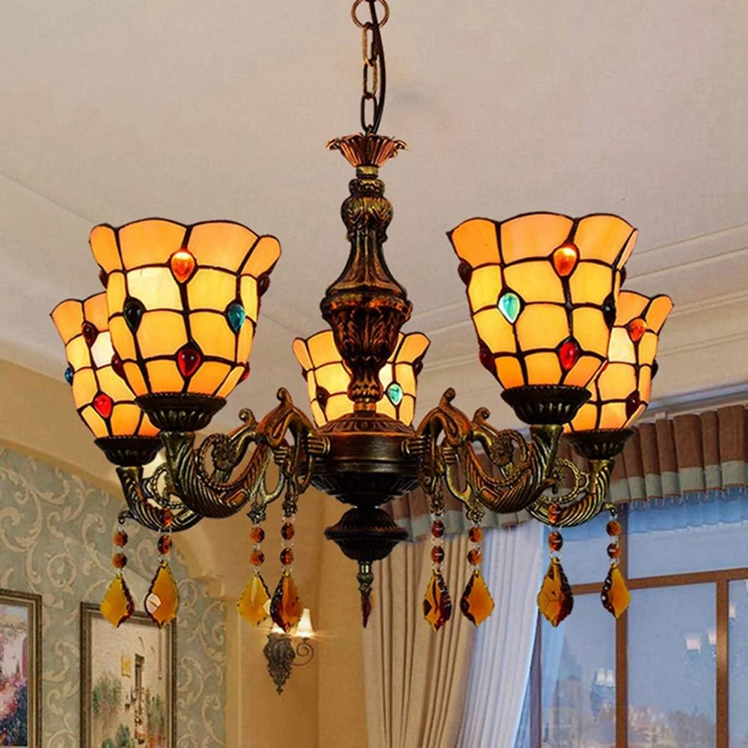 لوستر به سبک باروک تیفانی، چراغ آویز 3 شاخه با شیشه رنگی، مناسب برای اتاق نشیمن، اتاق خواب، هتل، 5 شاخه لوستر به سبک باروک تیفانی، چراغ آویز 3 شاخه با شیشه رنگی، مناسب برای اتاق نشیمن، اتاق خواب، هتل، 5 شاخه