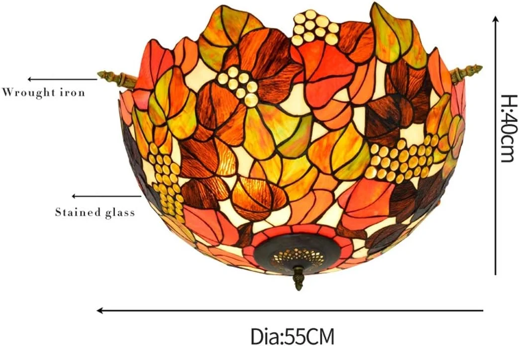 چراغ سقفی شیشه رنگی 55 سانتی متری تیفانی رترو دست ساز انگوری، مناسب اتاق نشیمن، ناهارخوری، بار، اتاق خواب، چراغ نیمه سقفی هنری