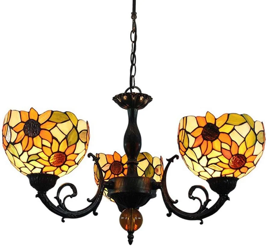 لوستر آویز طرح آفتابگردان زرد، شیشه رنگی، سبک تیفانی، با 3/5 شعله و نورپردازی بالا، مناسب اتاق نشیمن، اتاق خواب، هتل، رستوران، 3 شعله