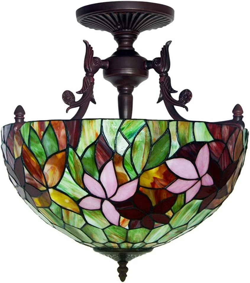 چراغ سقفی شیشه رنگی 16 اینچی، چراغ اتاق خواب به سبک روستایی آمریکایی، لوستر هنری تیفانی برای اتاق نشیمن