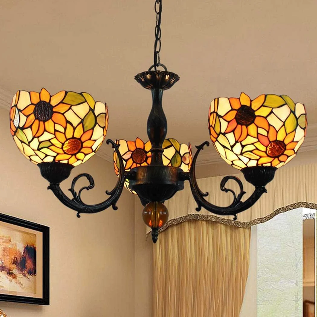 لوستر آویز طرح آفتابگردان زرد، شیشه رنگی، سبک تیفانی، با 3/5 شعله و نورپردازی بالا، مناسب اتاق نشیمن، اتاق خواب، هتل، رستوران، 3 شعله