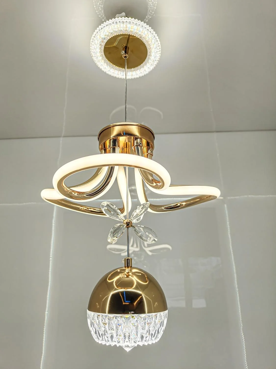 لوستر ال ای دی مدرن Swanart با آویز کریستالی - چراغ سقفی طلایی دیمر دار برای اتاق نشیمن، اتاق غذاخوری، اتاق خواب لوستر ال ای دی مدرن Swanart با آویز کریستالی - چراغ سقفی طلایی دیمر دار برای اتاق نشیمن، اتاق غذاخوری، اتاق خواب