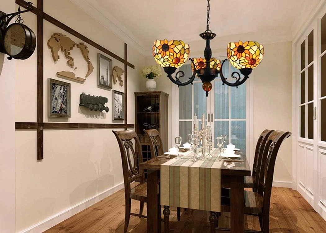 لوستر آویز طرح آفتابگردان زرد، شیشه رنگی، سبک تیفانی، با 3/5 شعله و نورپردازی بالا، مناسب اتاق نشیمن، اتاق خواب، هتل، رستوران، 3 شعله